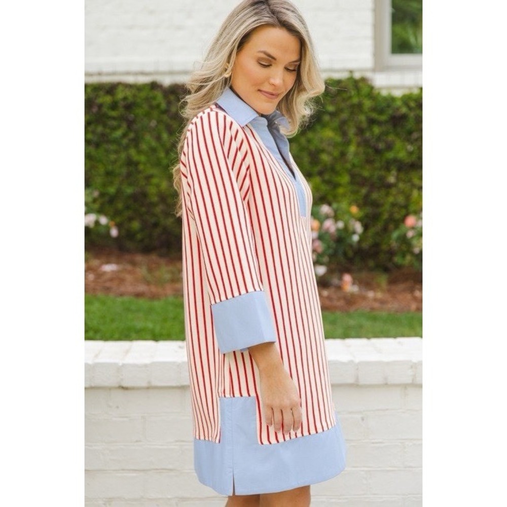 Entro Women's S Striped Block 3/4 Sleeve V-Neck Shift Mini Dress - Picture 3 of 12